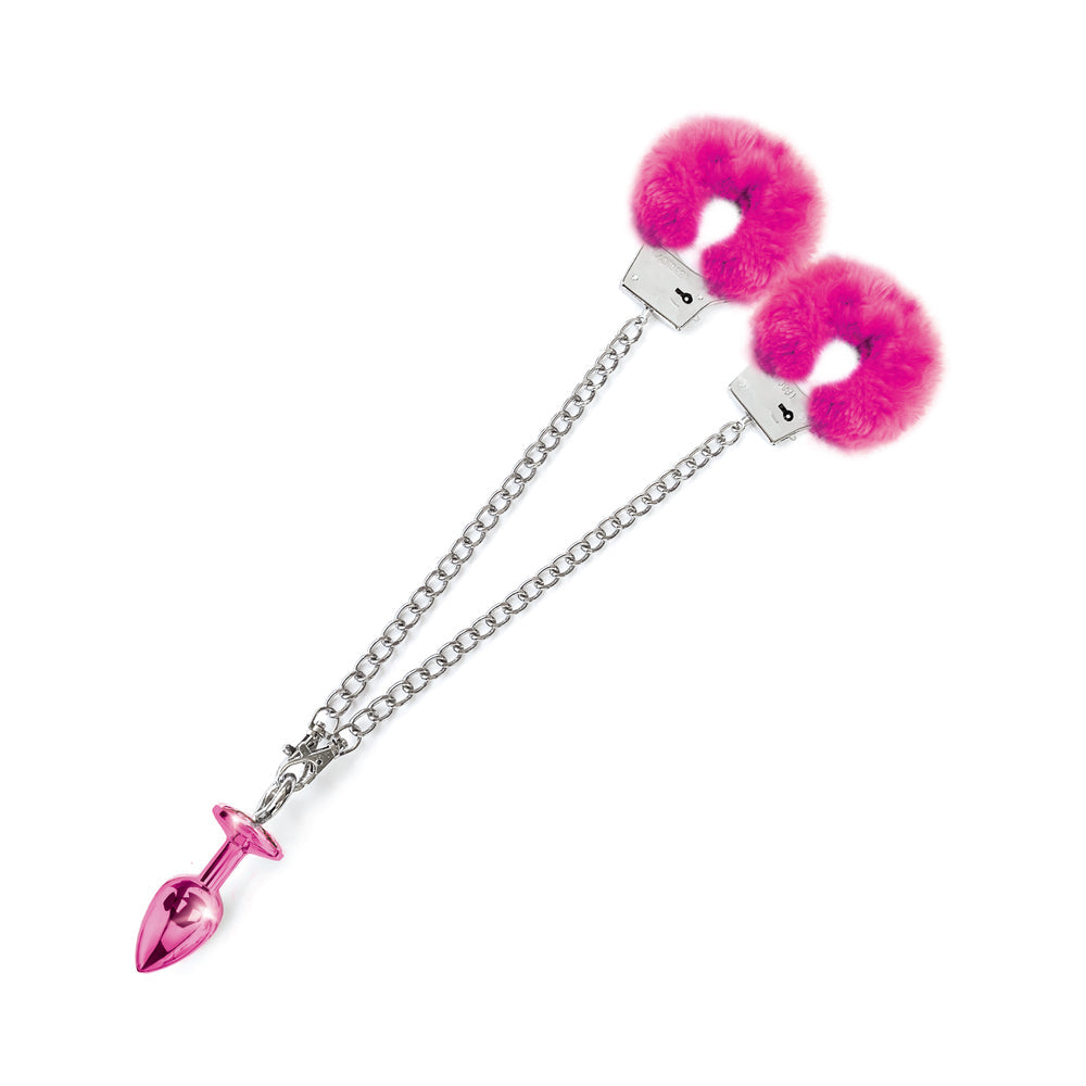 Nixie Metal Butt Plug & Furry Handcuff Set Medium Pink Metallic