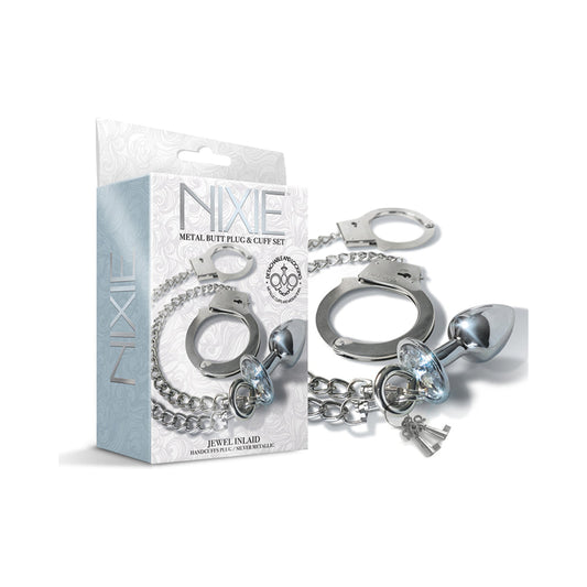 Nixie Metal Butt Plug & Handcuffs Set Silver