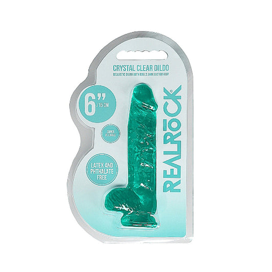 RealRock Crystal Clear Realistic 6 in. Dildo With Balls and Suction Cup Turquoise