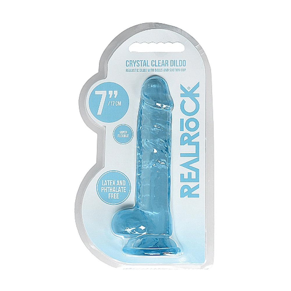 RealRock Crystal Clear Realistic 7 in. Dildo With Balls and Suction Cup Blue