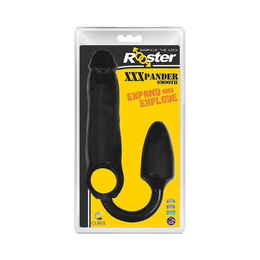 Curve Toys Rooster XXXPANDER Smooth Penis Extender Sheath with Cockring & Anal Plug Black