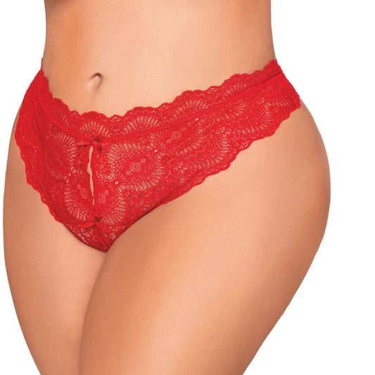 Dreamgirl Lace Tanga Open-Crotch Panty and Elastic Open Back Detail Red 1X Hanging