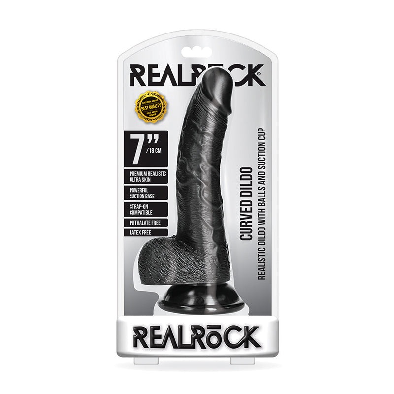 RealRock Realistic 7 in. Curved Dildo With Balls and Suction Cup Black