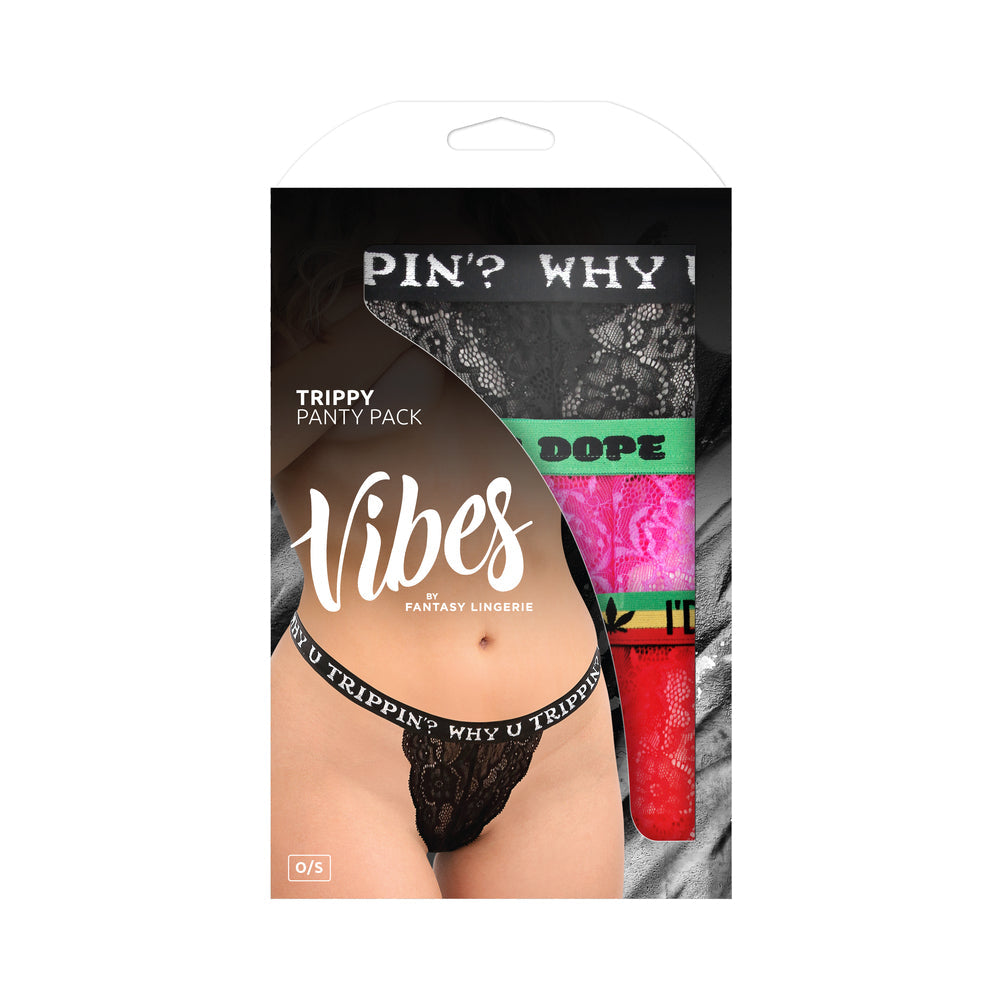 Fantasy Lingerie Vibes Trippy Vibes Pack 3-Piece Lace Thong Panty Set Black/Red/Pink O/S