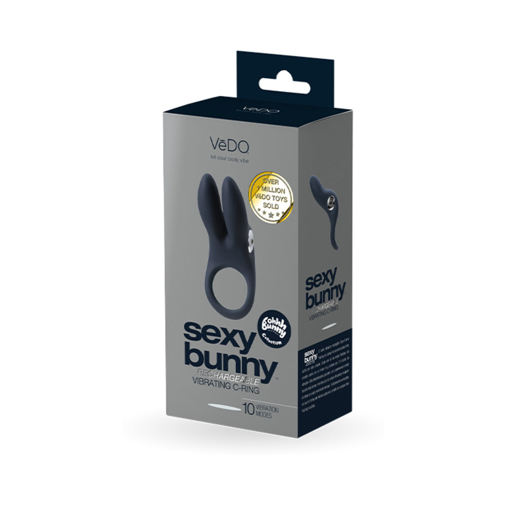 Anillo vibrador recargable Vedo Sexy Bunny con forma de C y color negro perla