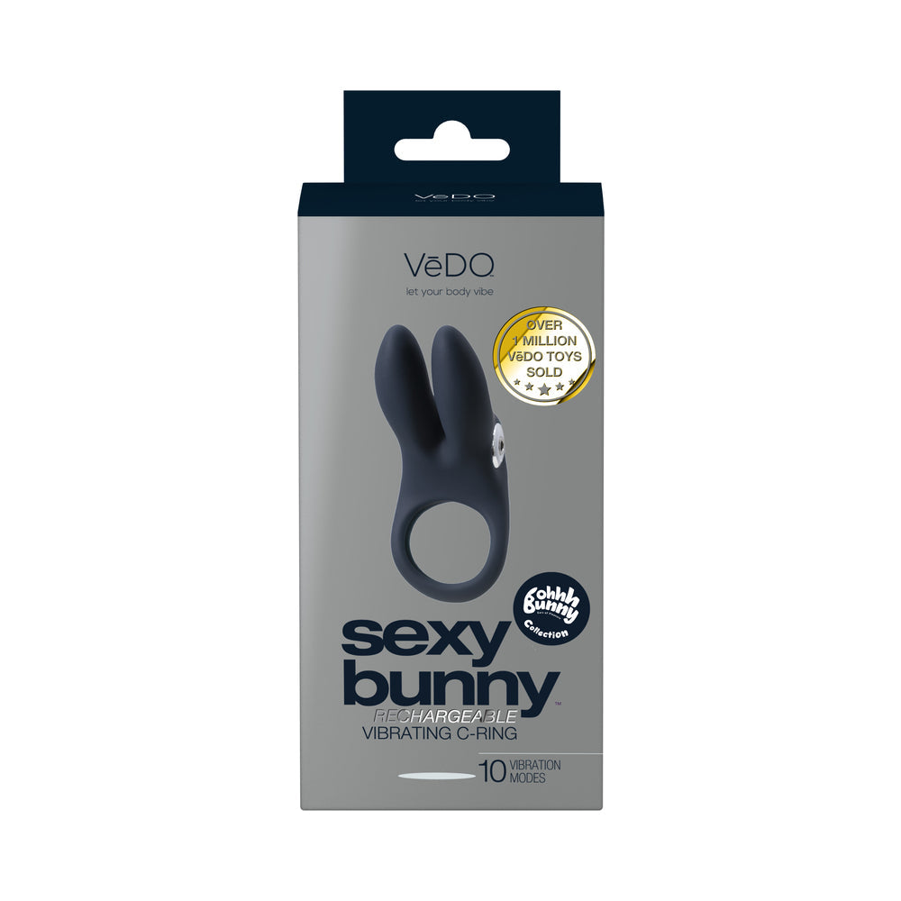 Anillo vibrador recargable Vedo Sexy Bunny con forma de C y color negro perla