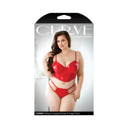 Fantasy Lingerie Curve Carmen Wetlook Cropped Bustier & Matching Cage Panty Red 3XL/4XL