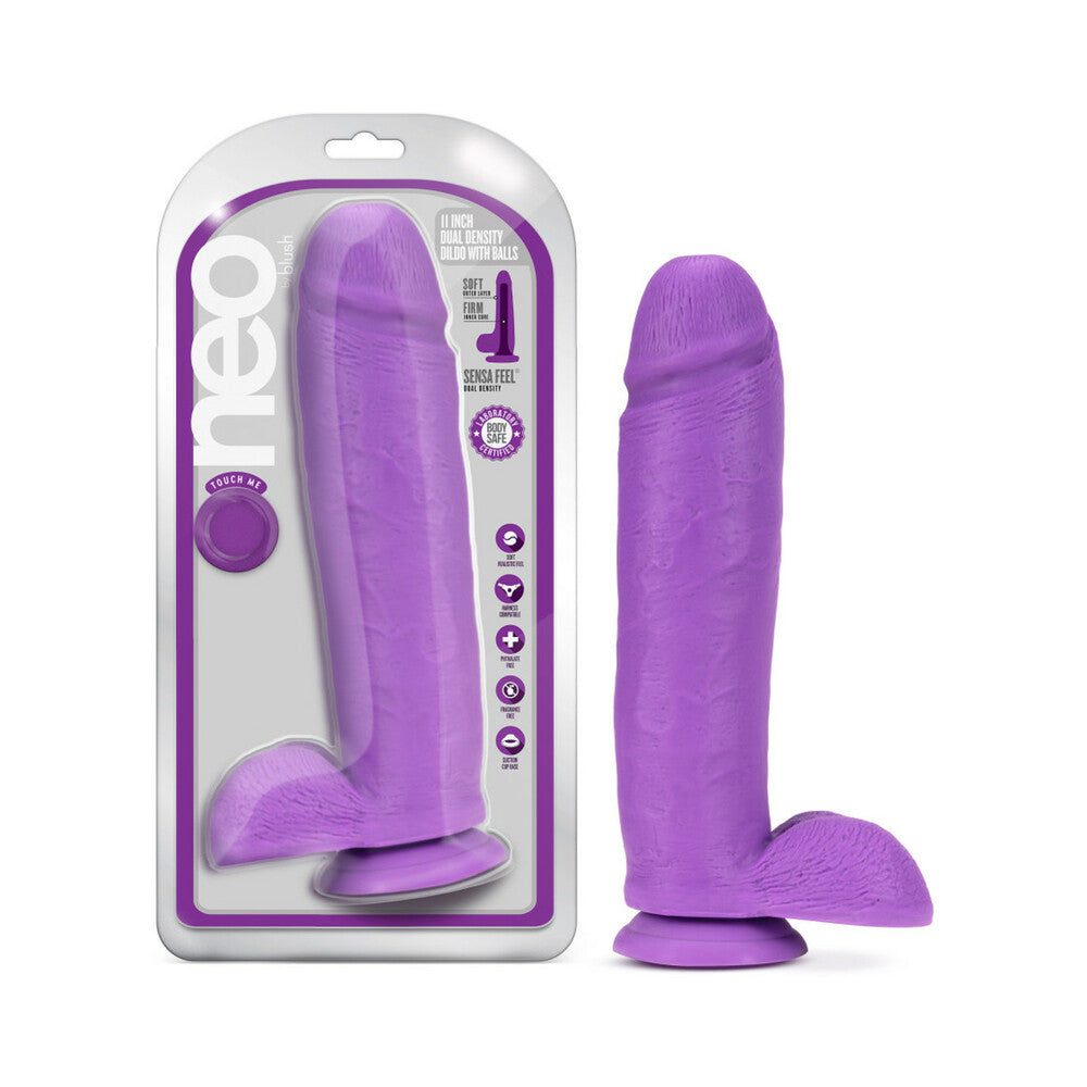 Blush Neo 11 in. Dual Density Dildo with Balls & Suction Cup Neon Purple