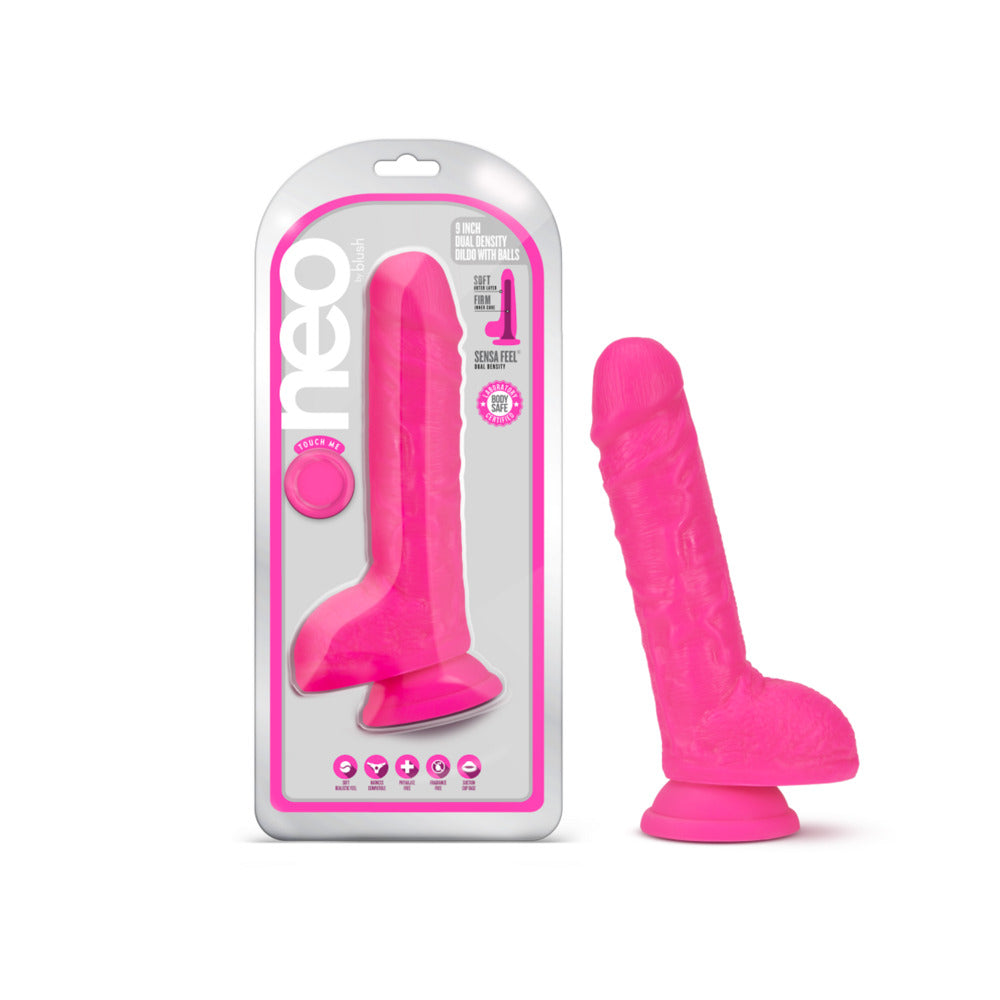 Blush Neo 9 in. Dual Density Dildo with Balls & Suction Cup Neon Pink