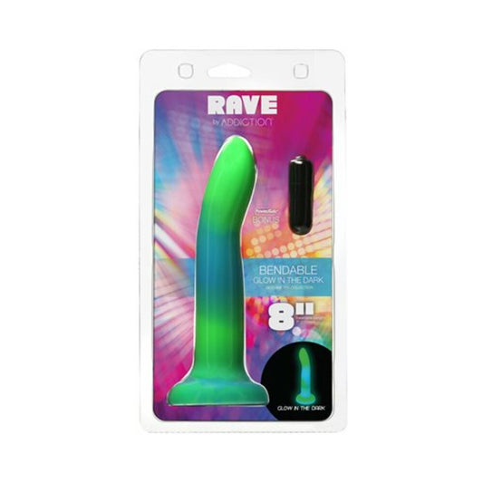 Addiction Rave Bendable 8 in. Silicone Dildo Glow in the Dark Blue Green