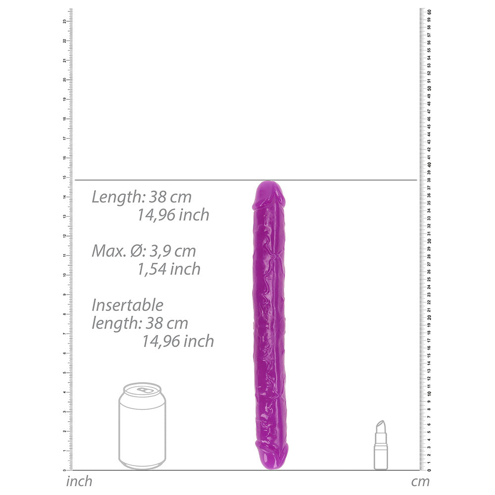 Consolador de doble punta RealRock que brilla en la oscuridad de 15 pulgadas y doble pene, color morado neón