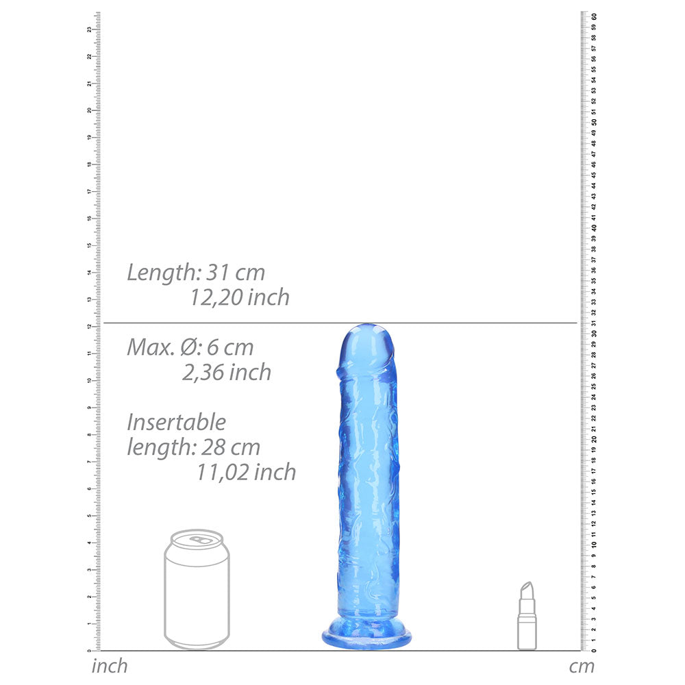 Consolador recto RealRock Crystal Clear de 11 pulgadas sin testículos, color azul