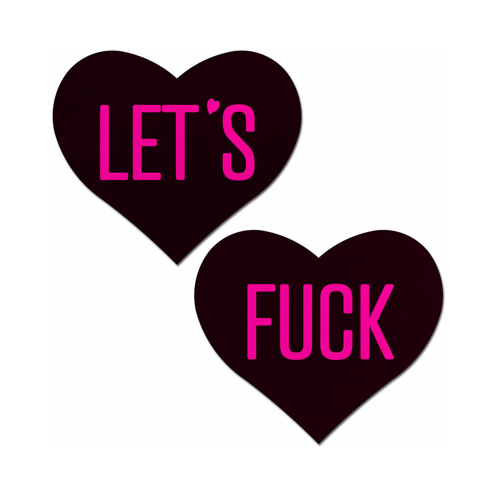 Pastease Love: Let's Fuck Black Heart on Neon Pink Base Nipple Pasties