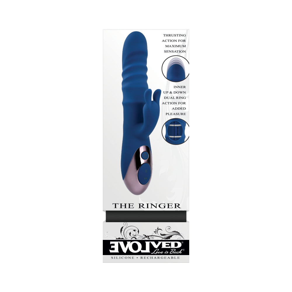Evolved The Ringer Rechargeable Thrusting Silicone Rabbit Vibrator Blue