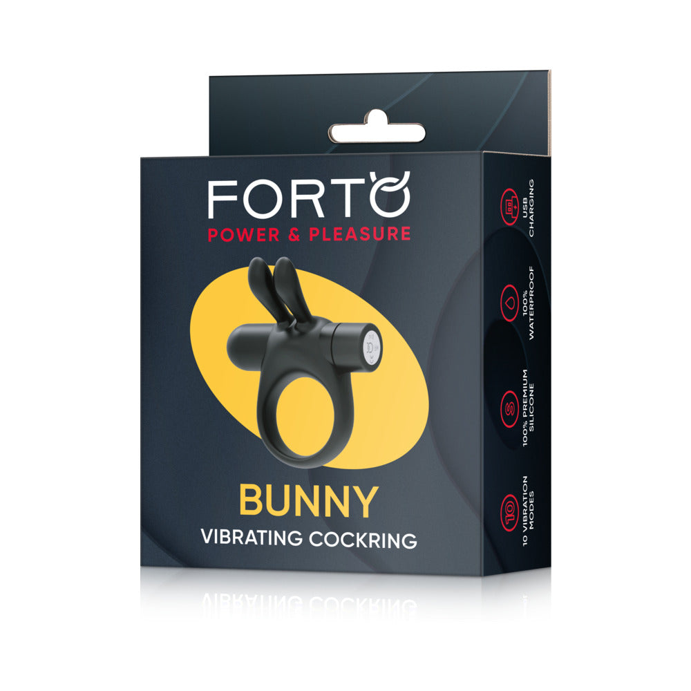 Anillo vibrador para el pene de silicona recargable Forto Bunny con orejas estimulantes, color negro