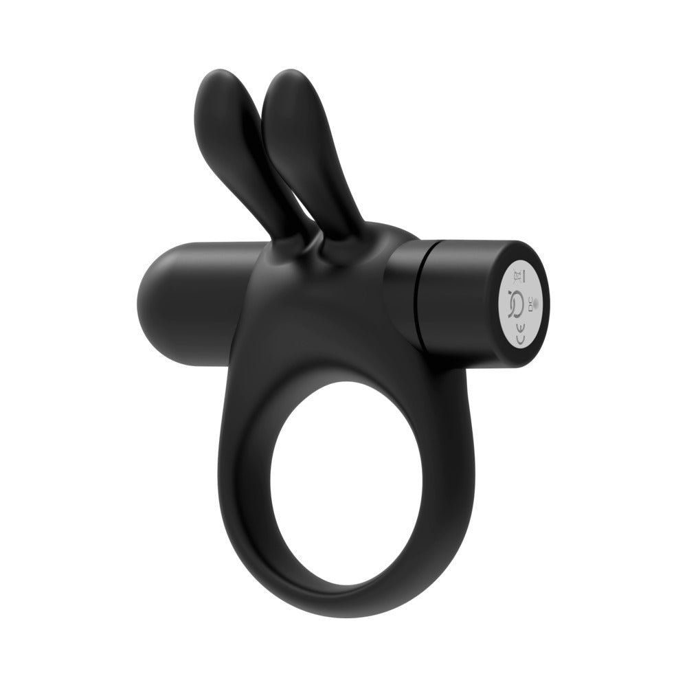 Anillo vibrador para el pene de silicona recargable Forto Bunny con orejas estimulantes, color negro