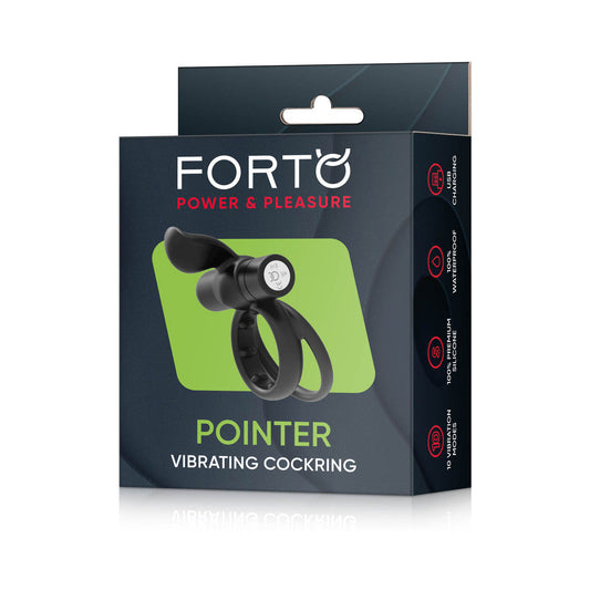 Forto Pointer Rechargeable Silicone Vibrating Dual Cockring with External Stimulator Black