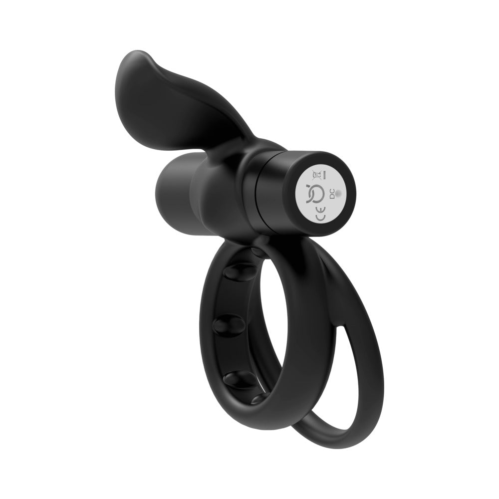 Forto Pointer Rechargeable Silicone Vibrating Dual Cockring with External Stimulator Black