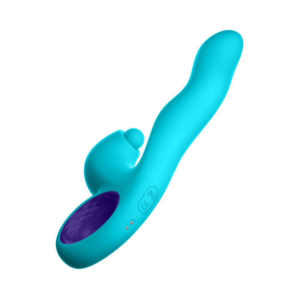 Vibrador de conejo con triple acción de silicona recargable Klio de FemmeFunn, color turquesa