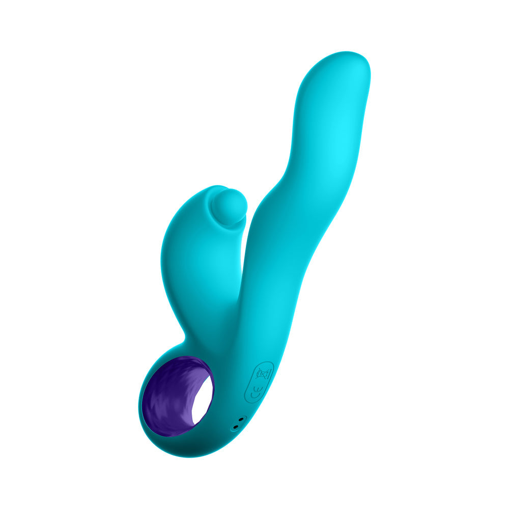 Vibrador de conejo con triple acción de silicona recargable Klio de FemmeFunn, color turquesa