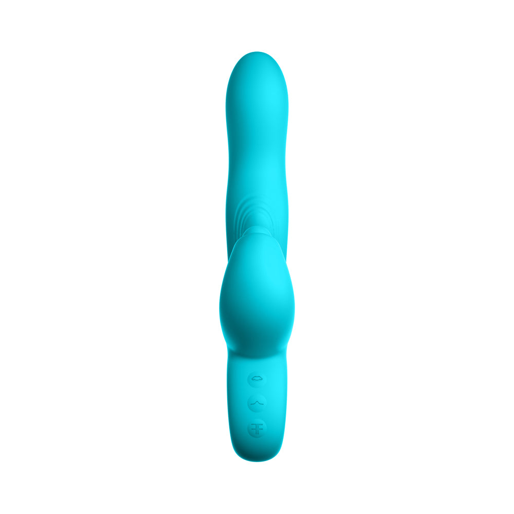 Vibrador de conejo con triple acción de silicona recargable Klio de FemmeFunn, color turquesa