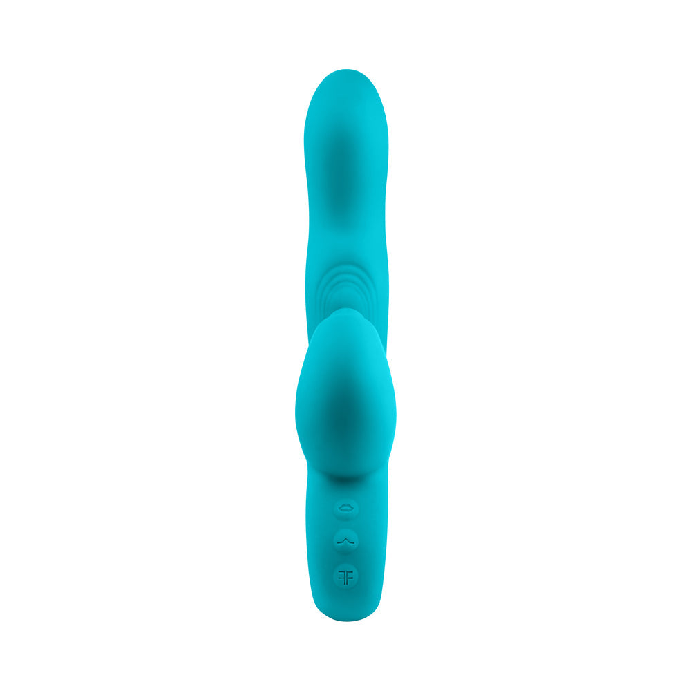 Vibrador de conejo con triple acción de silicona recargable Klio de FemmeFunn, color turquesa