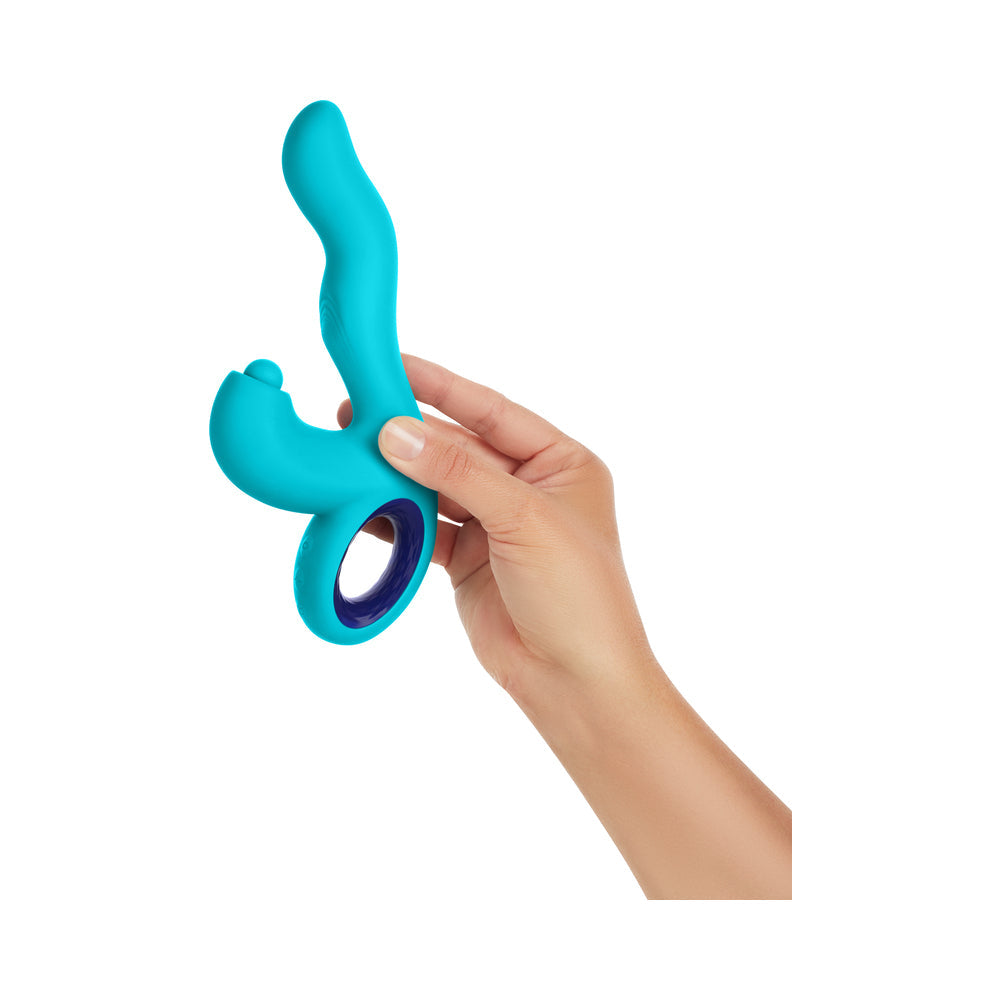 Vibrador de conejo con triple acción de silicona recargable Klio de FemmeFunn, color turquesa