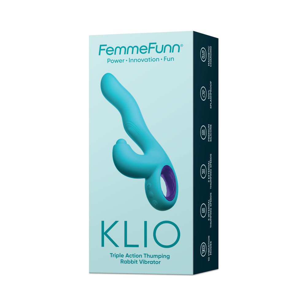 Vibrador de conejo con triple acción de silicona recargable Klio de FemmeFunn, color turquesa