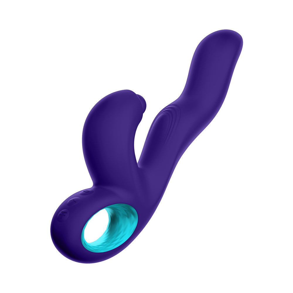 Vibrador de conejo con triple acción de silicona recargable Klio de FemmeFunn, morado oscuro