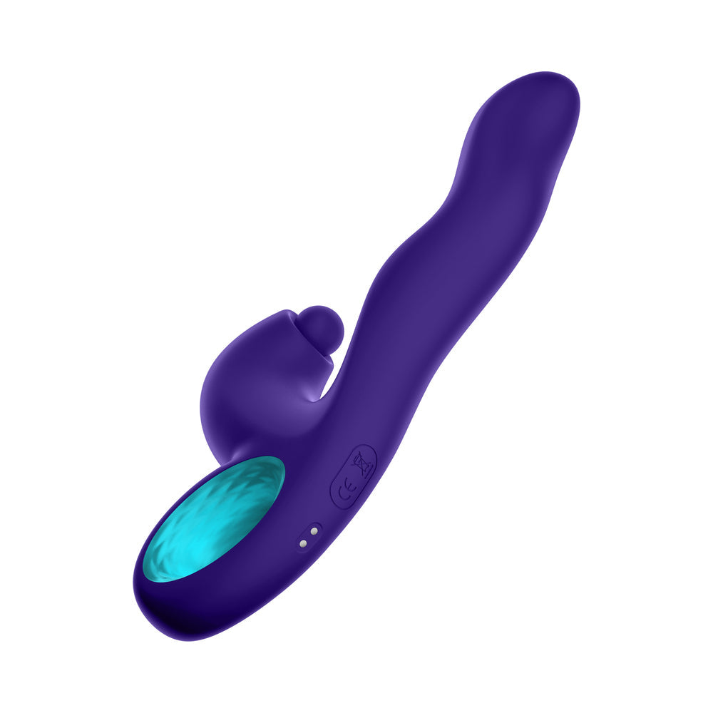 Vibrador de conejo con triple acción de silicona recargable Klio de FemmeFunn, morado oscuro