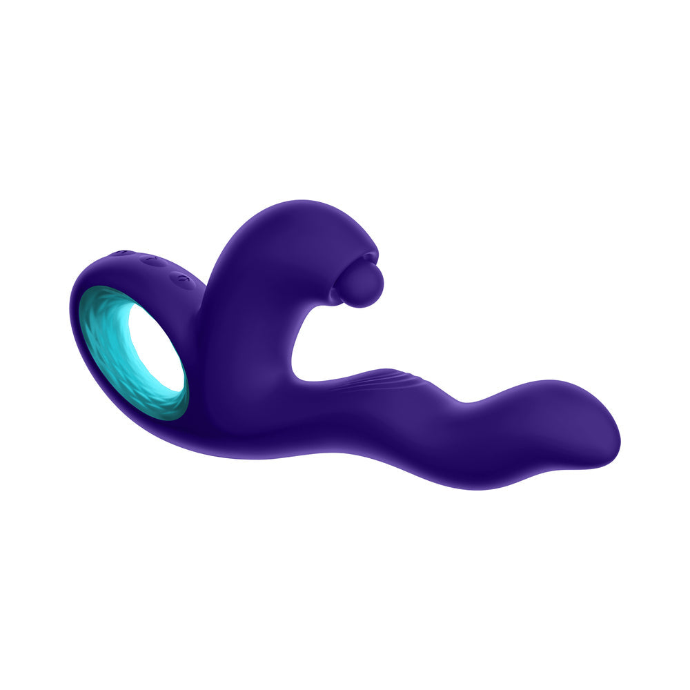 Vibrador de conejo con triple acción de silicona recargable Klio de FemmeFunn, morado oscuro