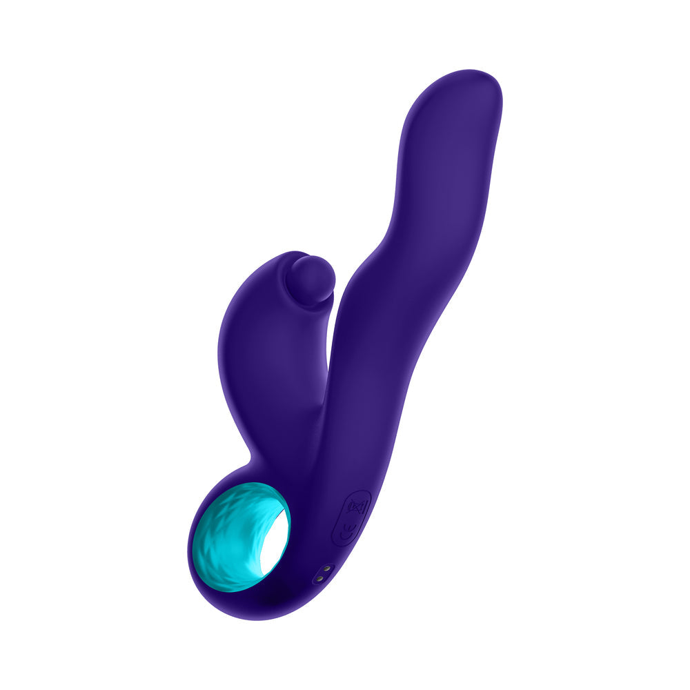 Vibrador de conejo con triple acción de silicona recargable Klio de FemmeFunn, morado oscuro