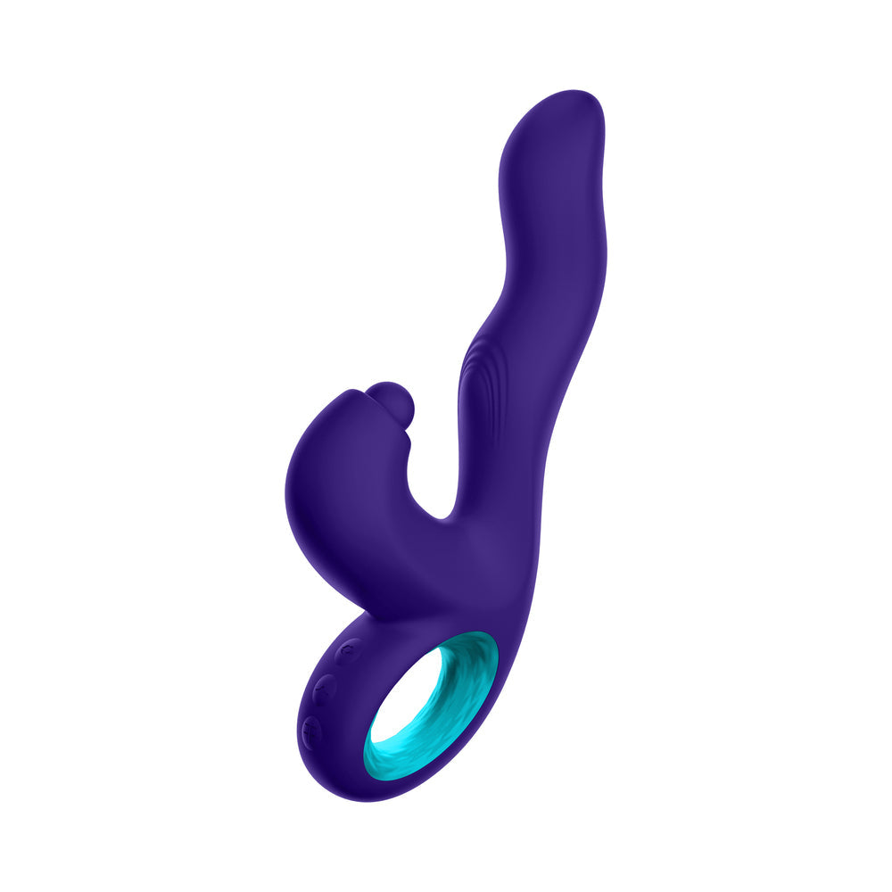 Vibrador de conejo con triple acción de silicona recargable Klio de FemmeFunn, morado oscuro