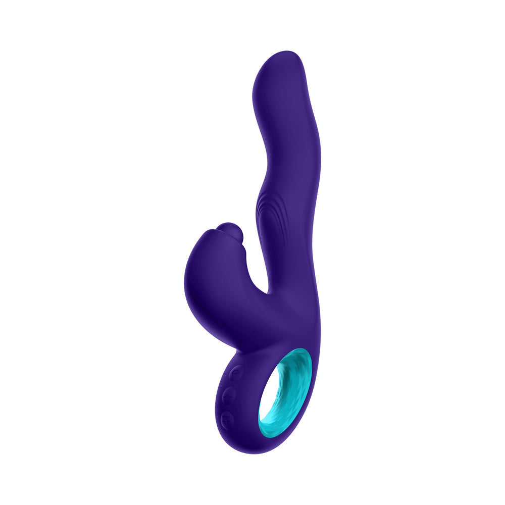 Vibrador de conejo con triple acción de silicona recargable Klio de FemmeFunn, morado oscuro