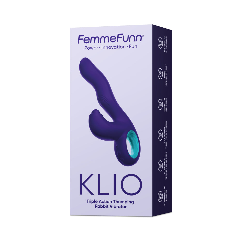 Vibrador de conejo con triple acción de silicona recargable Klio de FemmeFunn, morado oscuro