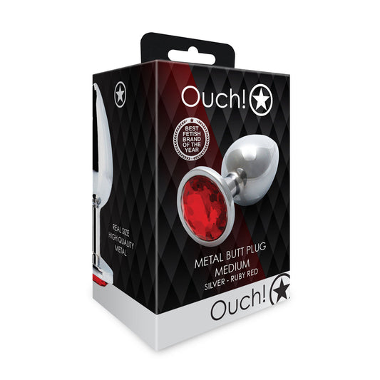 Ouch! Round Gem Butt Plug Medium Silver/Ruby Red