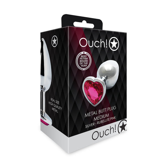 Ouch! Heart Gem Butt Plug Medium Silver/Rubellite Pink