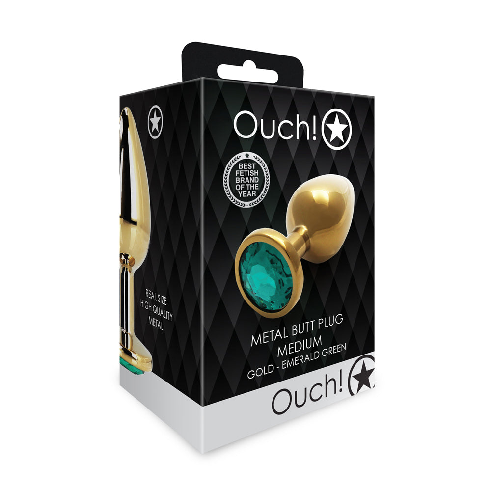 Ouch! Round Gem Butt Plug Medium Gold/Emerald Green