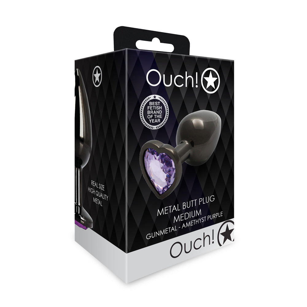 Ouch! Heart Gem Butt Plug Medium Gunmetal/Amethyst