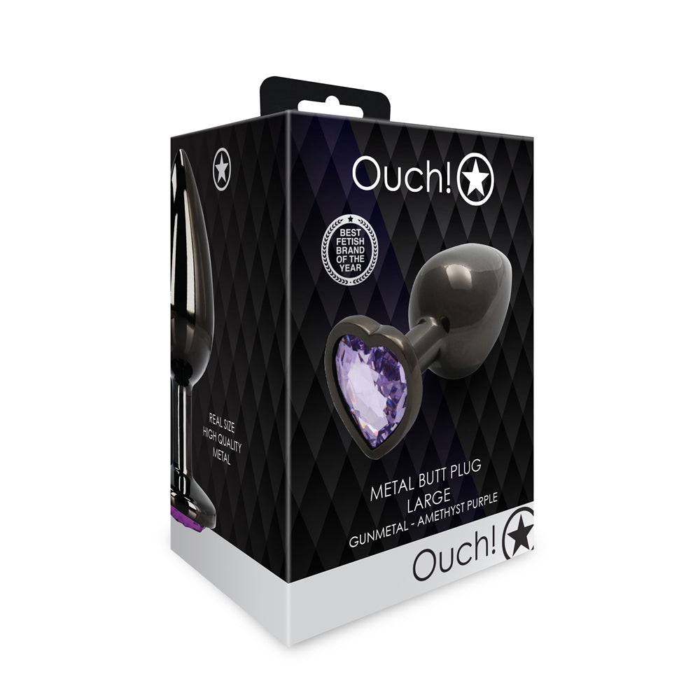 Ouch! Heart Gem Butt Plug Large Gunmetal/Amethyst