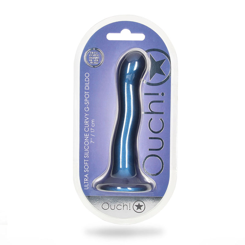 Ouch! Ultra Soft Silicone 7 in. Curvy G-Spot Dildo Metallic Blue