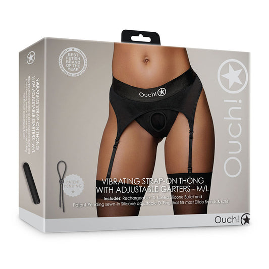 Ouch! Vibrating Strap-on Thong with Adjustable Garters Black M/L