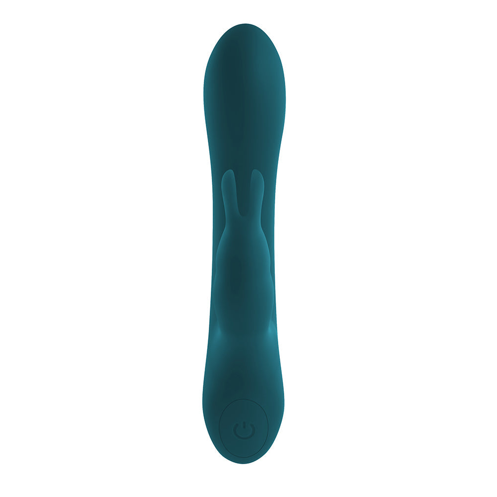 Vibrador de silicona recargable de doble estimulación Lil Rabbit de Playboy en color verde azulado oscuro