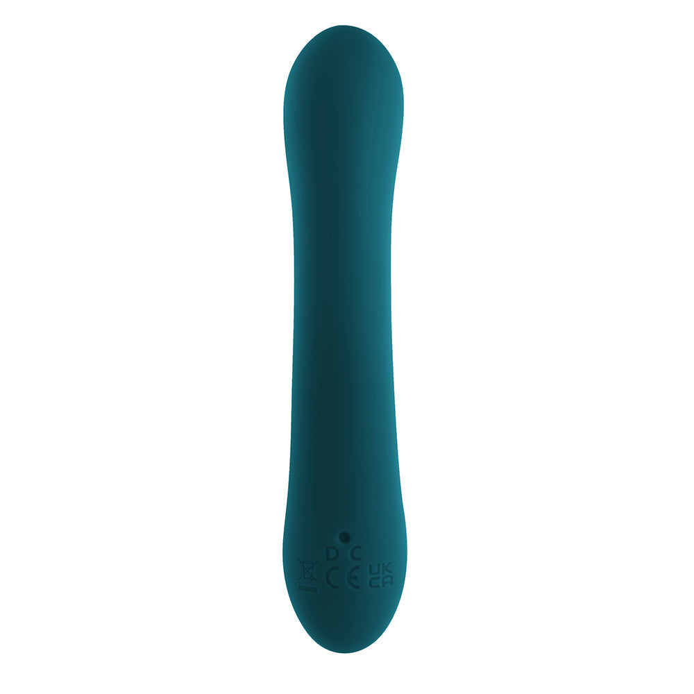 Vibrador de silicona recargable de doble estimulación Lil Rabbit de Playboy en color verde azulado oscuro