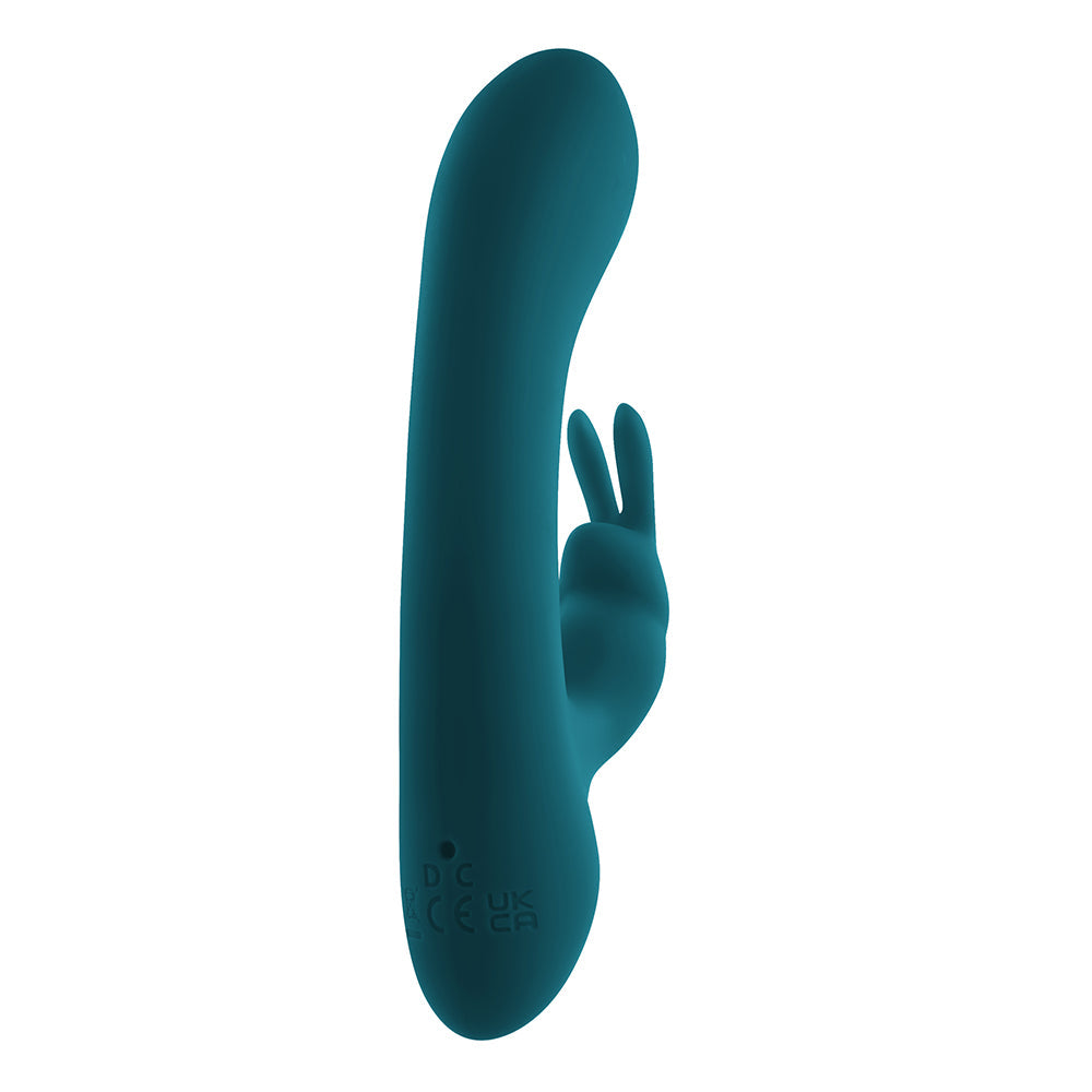 Vibrador de silicona recargable de doble estimulación Lil Rabbit de Playboy en color verde azulado oscuro