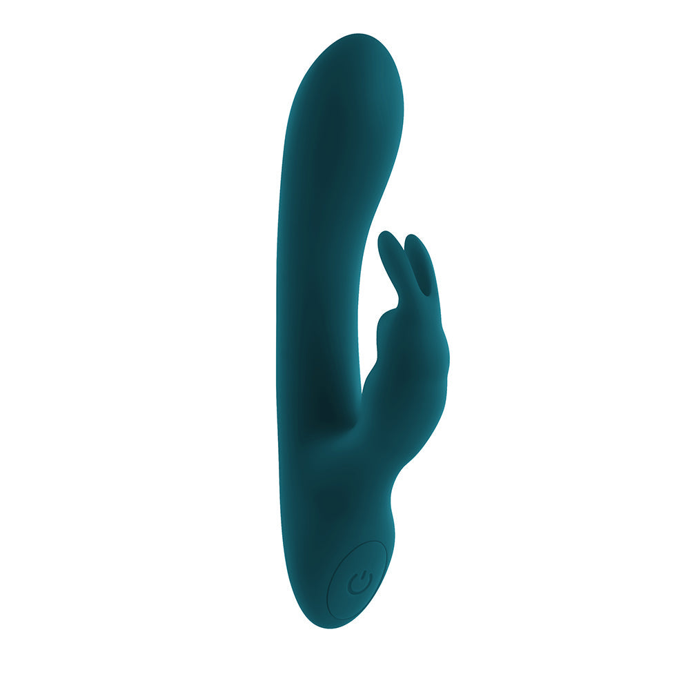 Vibrador de silicona recargable de doble estimulación Lil Rabbit de Playboy en color verde azulado oscuro