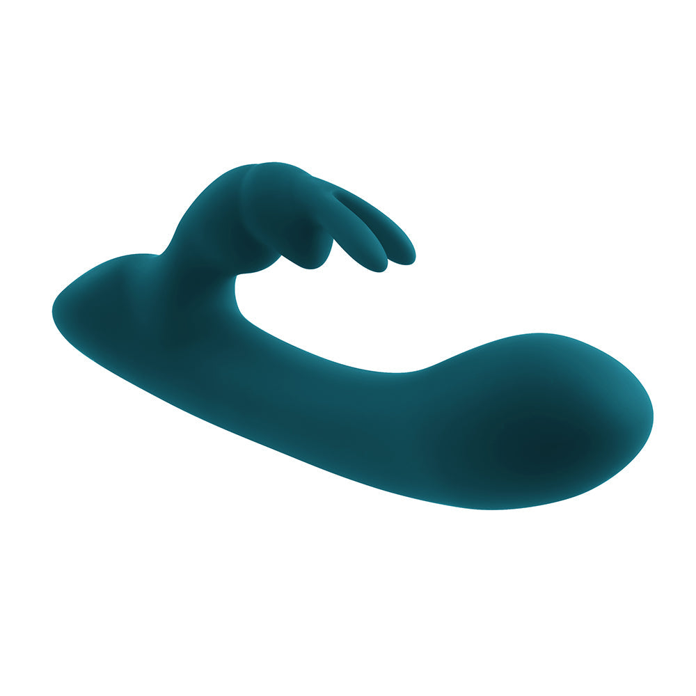 Vibrador de silicona recargable de doble estimulación Lil Rabbit de Playboy en color verde azulado oscuro