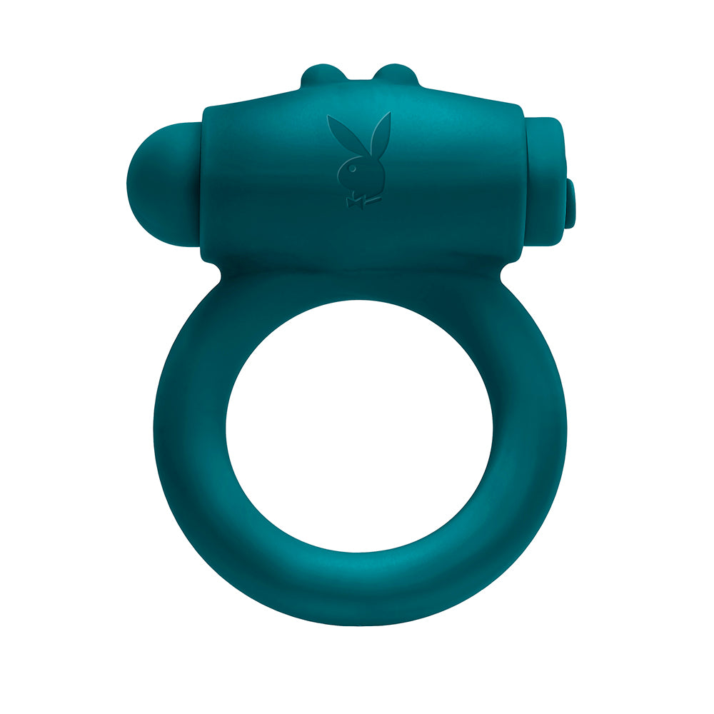 Anillo vibrador para el pene de silicona recargable con estimulador y conejito de Playboy, color verde azulado oscuro