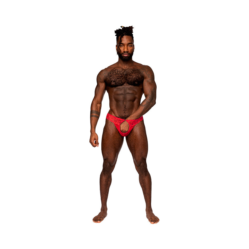 Male Power Sassy Lace Open Ring Thong Red L/XL