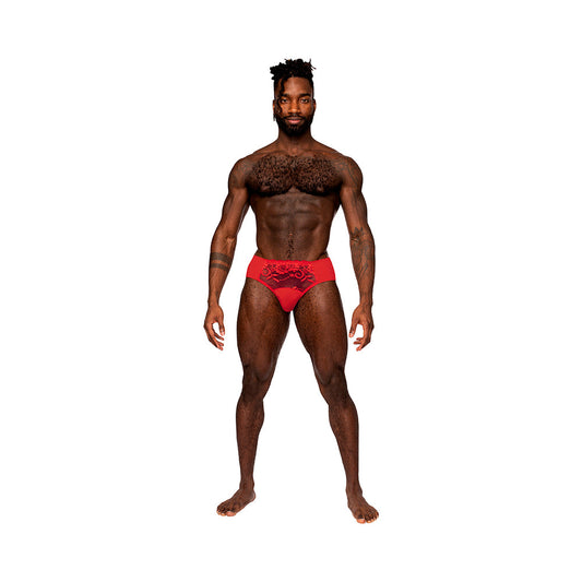 Male Power Sassy Lace Bikini Solid Pouch Red XL